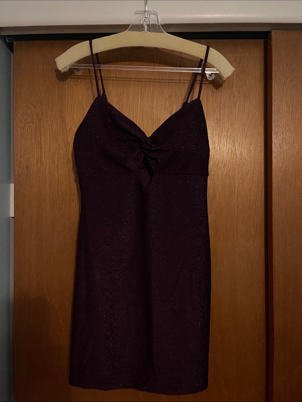 City Studio Sparkle Twist-Front Mini Dress in Deep Plum